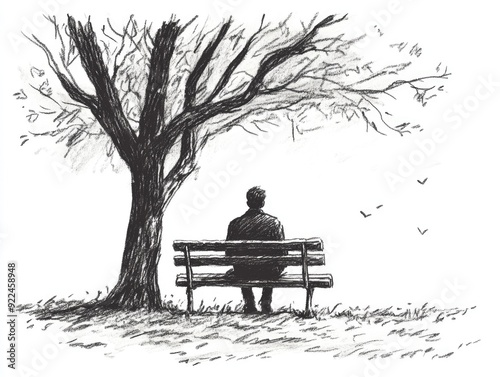 Park Bench Hand Drawn. Candid Illustration of Lonely Man Sitting on Bench in Town Park