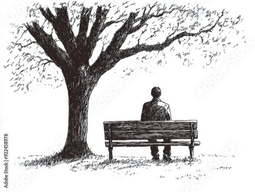 Park Bench Hand Drawn. Lonely Man Sits on Bench Under Tree in Candid Moment