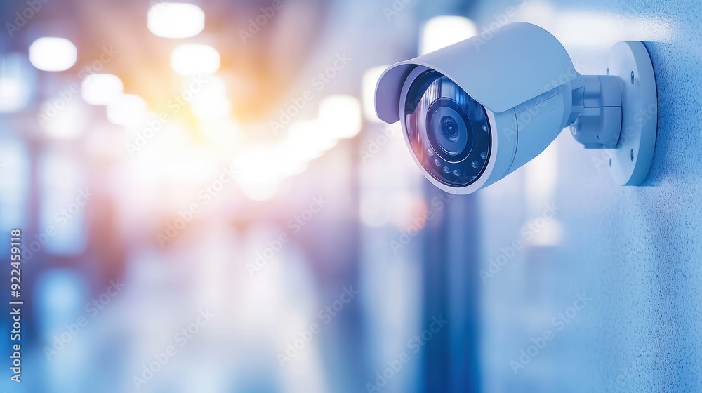 CCTV camera mounted on a wall, monitoring a public area, providing security surveillance CCTV camera mounted on a wall, monitoring a public area, providing security surveillance