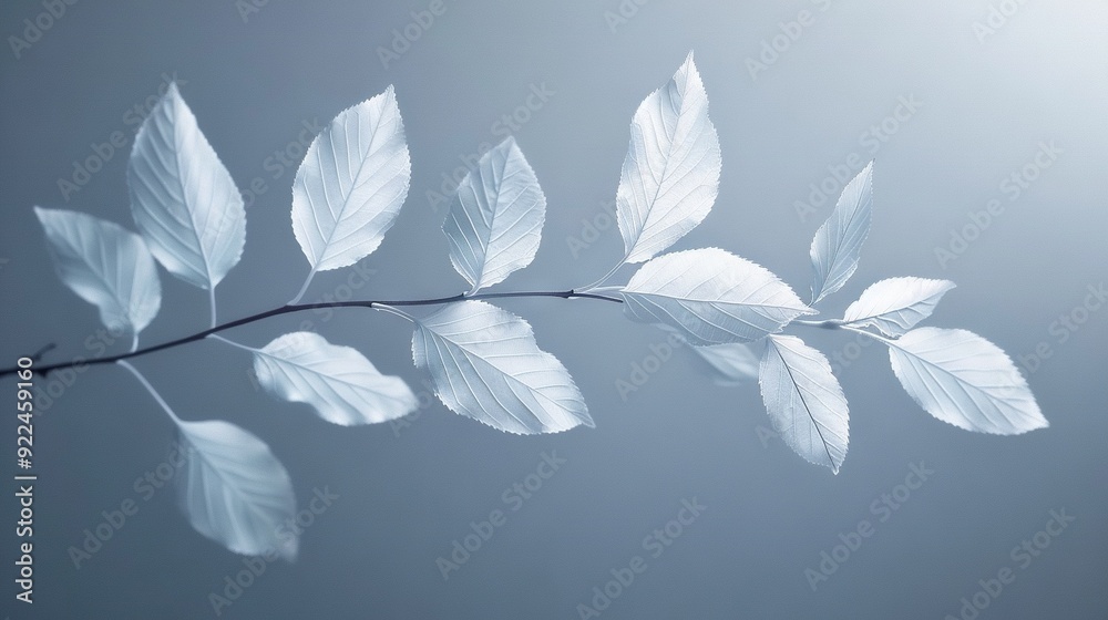 A white-leafed branch on a light blue background, with a blurry image of the same A white-leafed branch on a light blue background, with a blurry image of the same