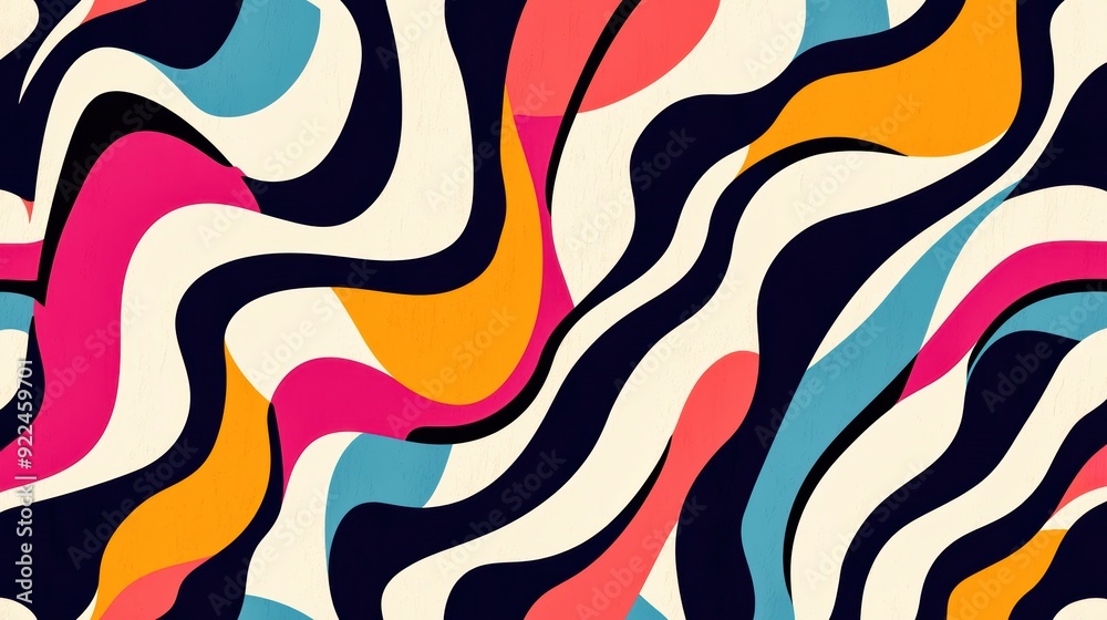 Wild animal print-inspired design with colorful geometric shapes, creating an abstract pattern of interlocking polygons and wavy lines Wild animal print-inspired design with colorful geometric shapes, creating an abstract pattern of interlocking polygons and wavy lines