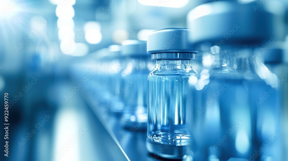 Close-up of a high-end vaccine production line in a sleek factory, bathed in clean, bright lighting, showcasing advanced technology and precision Close-up of a high-end vaccine production line in a sleek factory, bathed in clean, bright lighting, showcasing advanced technology and precision