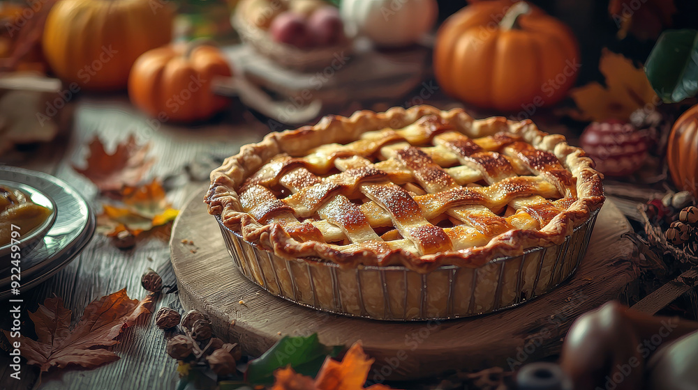A delicious lattice-topped pie on a wooden table, surrounded by pumpkins and fall decor, creating a cozy and rustic autumnal scene perfect for seasonal stock photos. A delicious lattice-topped pie on a wooden table, surrounded by pumpkins and fall decor, creating a cozy and rustic autumnal scene perfect for seasonal stock photos.