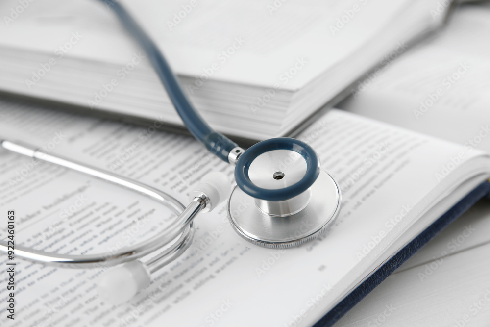 One new medical stethoscope and books on white wooden table, closeup One new medical stethoscope and books on white wooden table, closeup