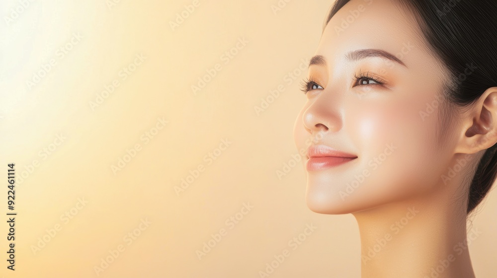 Elegant Asian woman with glowing skin, captured on a beige background, perfect for promoting facial care, cosmetology, and spa services