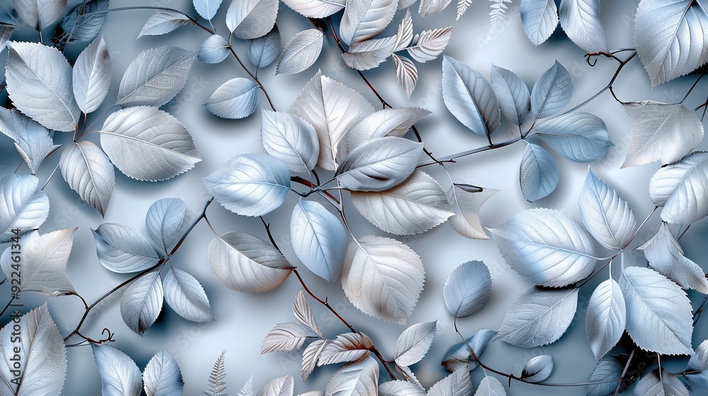 Blue and white wallpaper with leaves and branches on a light blue background Blue and white wallpaper with leaves and branches on a light blue background
