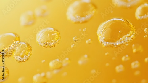 Oil bubbles on yellow background, macro photography, commercial photo