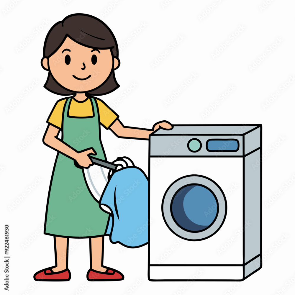 Mom uses washing machine art vector illustration Mom uses washing machine art vector illustration