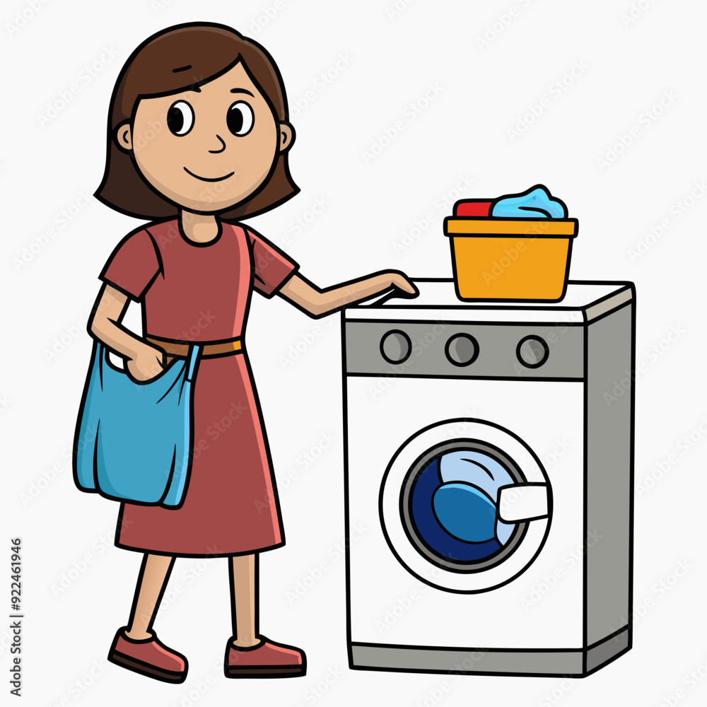 Mom uses washing machine art vector illustration Mom uses washing machine art vector illustration