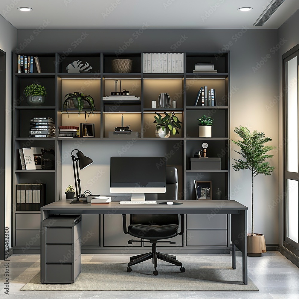 Functional Workspace with Standing Desk and Grey Tones Functional Workspace with Standing Desk and Grey Tones