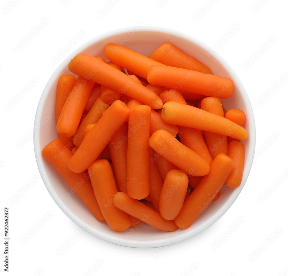 Baby carrots in bowl isolated on white, top view Baby carrots in bowl isolated on white, top view