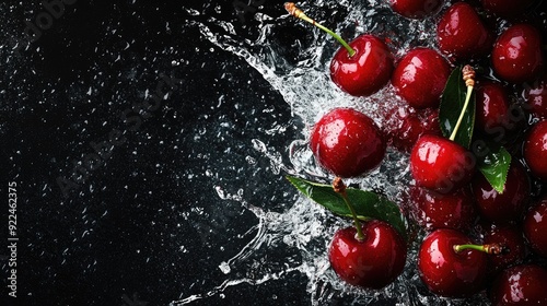 Top view of cherries splashing in water, with space on the left for text or branding
