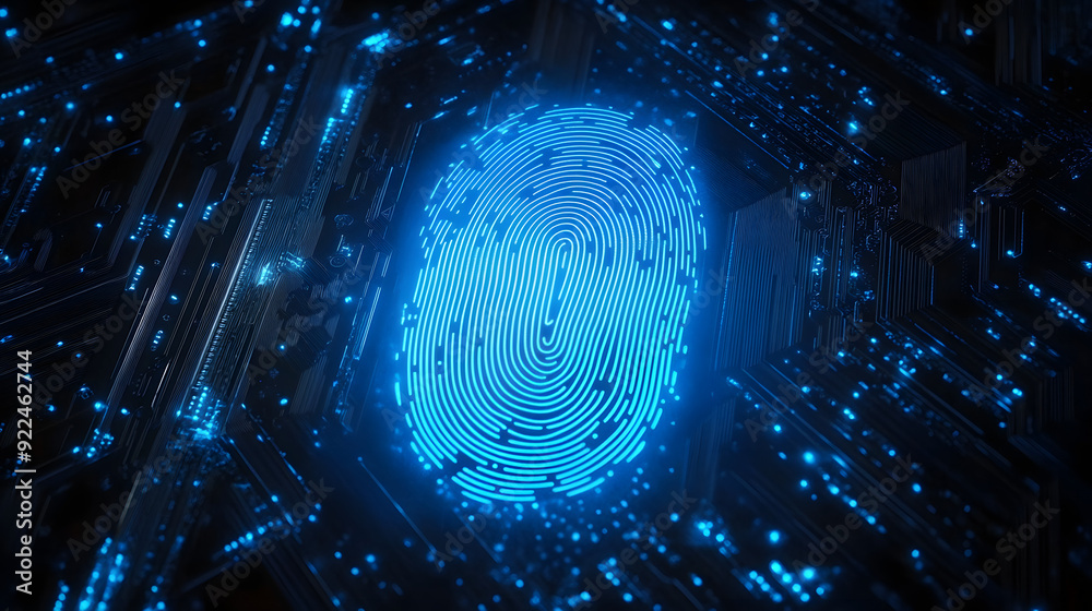 a blue glowing fingerprint icon over a dark blue circuit board background. a blue glowing fingerprint icon over a dark blue circuit board background.