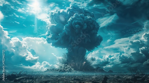 Massive mushroom cloud rising against the sky (focus on, catastrophic event, vibrant, Overlay, War zone)