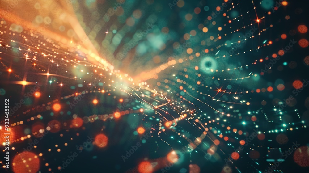 Obraz premium Abstract tech background featuring illuminated fiber optic connections, a quantum computing network system, and global electronic intelligence.
