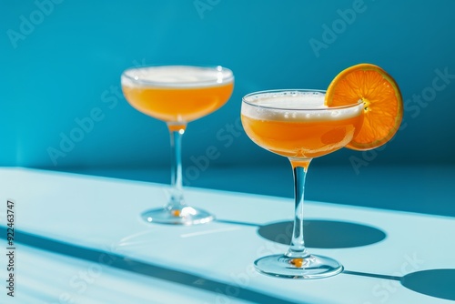 Vibrant orange cocktails with orange slices in coupe glasses on a blue background