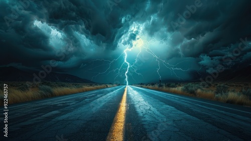 Obraz na płótnie Single lightning bolt with storm clouds (selective focus, nature's fury, surreal, Composite, Abandoned road) w salonie