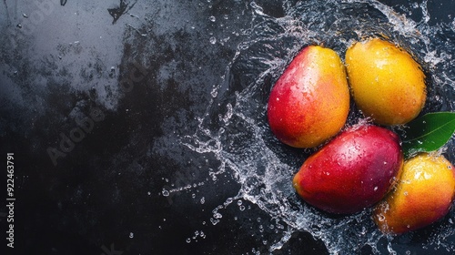 Top view of mangos splashing in water. Copy space on the right for branding or text