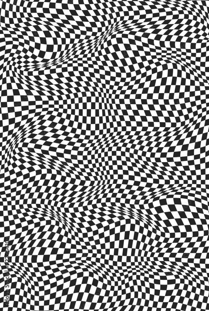Chessboard wraped surface. Checkered background with distortion effect. Distorted abstract black and white background. Banner with distortion. Portrait orientation. Vector illustration. Chessboard wraped surface. Checkered background with distortion effect. Distorted abstract black and white background. Banner with distortion. Portrait orientation. Vector illustration.