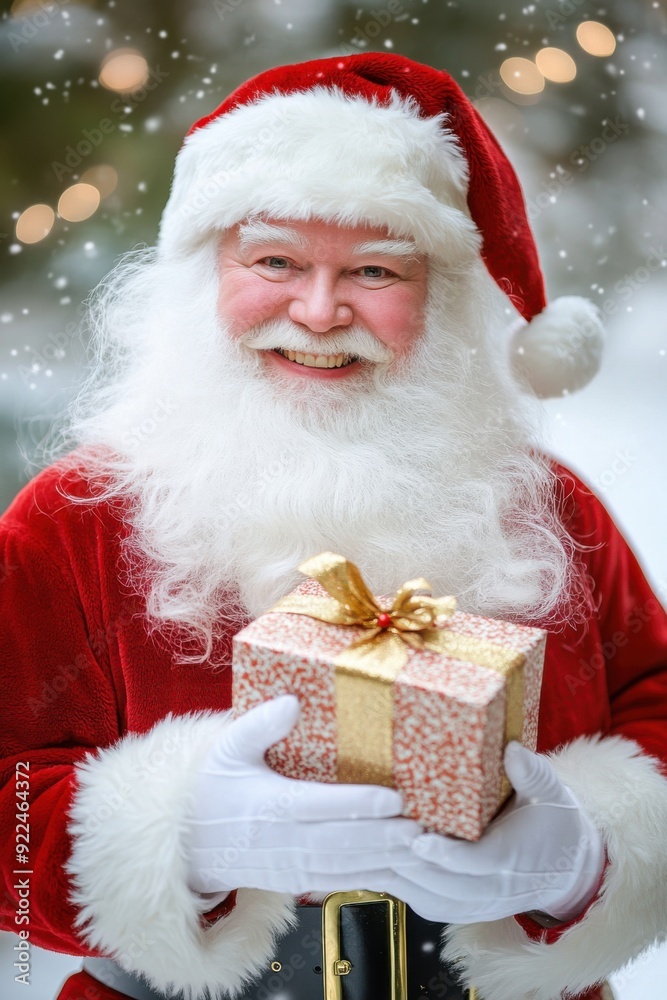 Portrait of funny and smiling Santa Claus with a gift in his hand on a snowy day at Christmas Portrait of funny and smiling Santa Claus with a gift in his hand on a snowy day at Christmas