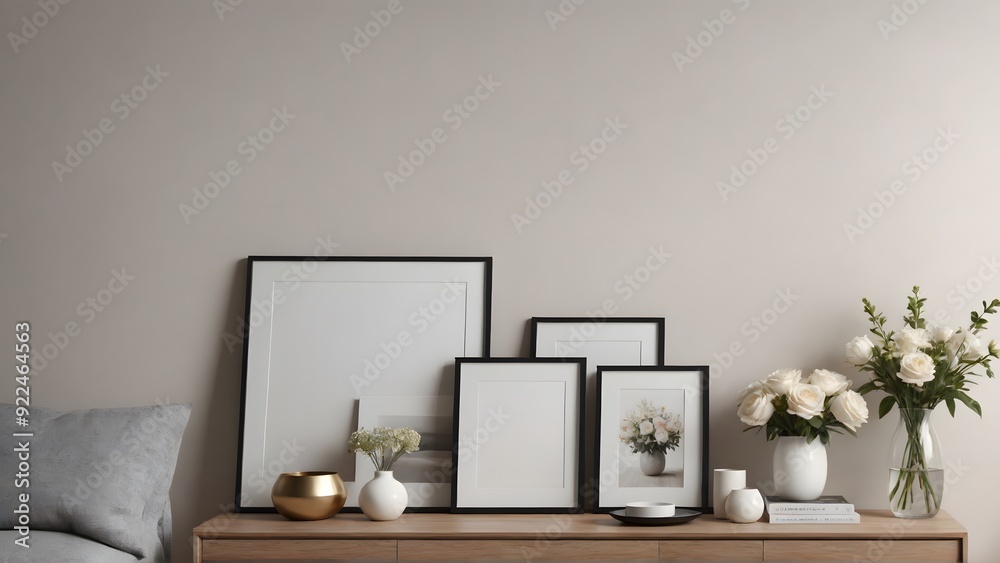 An empty modern living room with a stylish furniture set and picture frames on the wall 3d illustration template image. An empty modern living room with a stylish furniture set and picture frames on the wall 3d illustration template image.