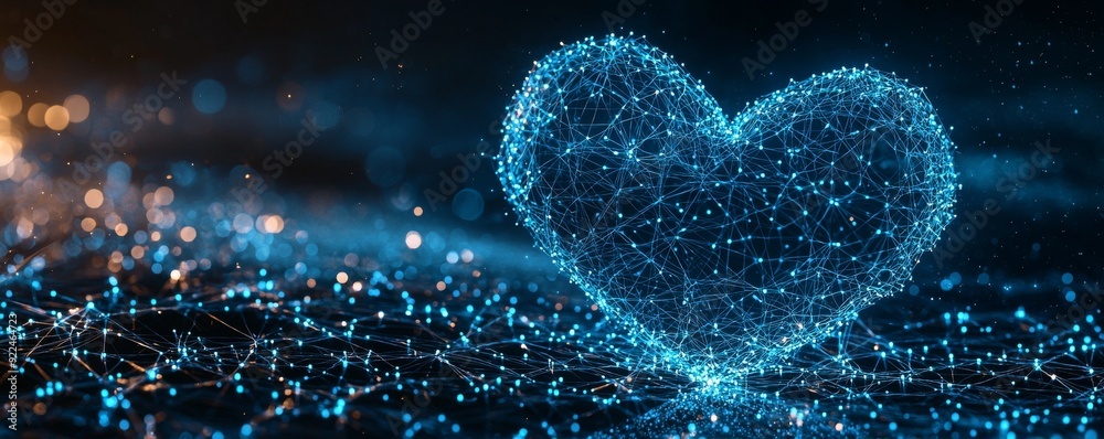 A digital representation of a glowing heart made of particles, symbolizing love and connection in a vibrant, technological world. A digital representation of a glowing heart made of particles, symbolizing love and connection in a vibrant, technological world.