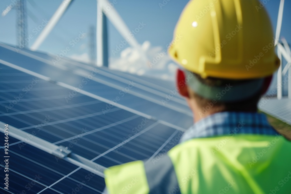 A worker in a yellow hardhat stands before a field of solar panels. A worker in a yellow hardhat stands before a field of solar panels.