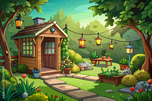 Beautiful backyard garden lush green foliage art vector illustration