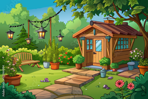 Beautiful backyard garden lush green foliage art vector illustration