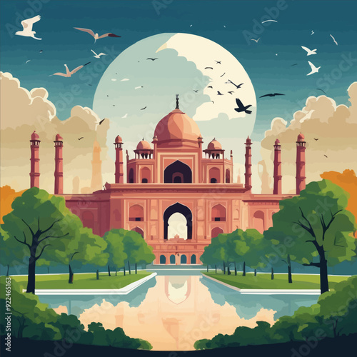 Delhi cityscape with historic monument surrounded by trees and birds in the sky