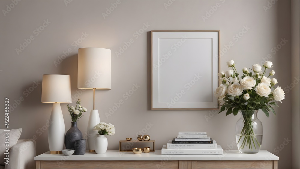 An empty modern living room with a stylish furniture set and picture frames on the wall 3d illustration template image. An empty modern living room with a stylish furniture set and picture frames on the wall 3d illustration template image.
