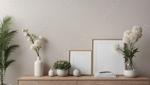 An empty modern living room with a stylish furniture set and picture frames on the wall 3d illustration template image.