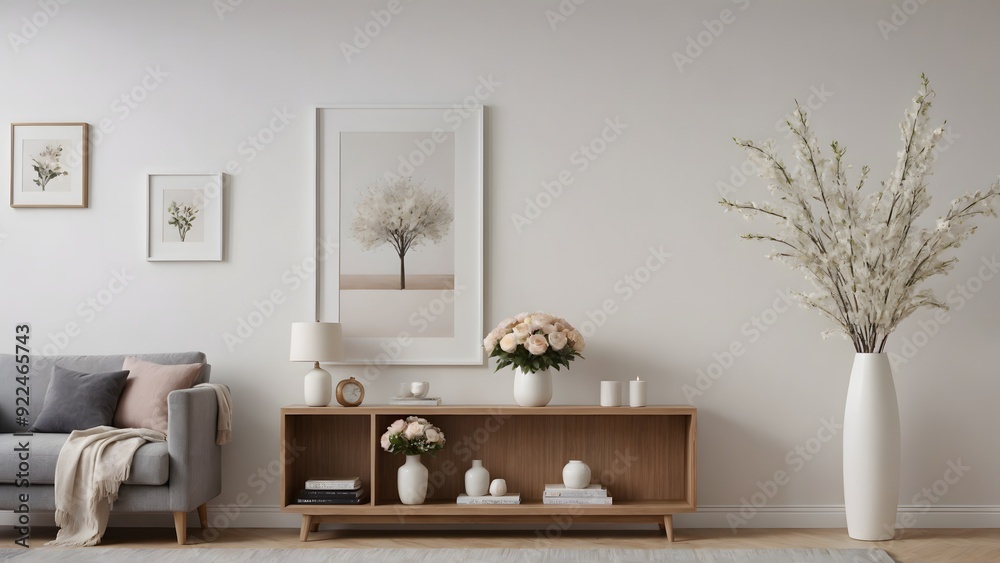 An empty modern living room with a stylish furniture set and picture frames on the wall 3d illustration template image. An empty modern living room with a stylish furniture set and picture frames on the wall 3d illustration template image.