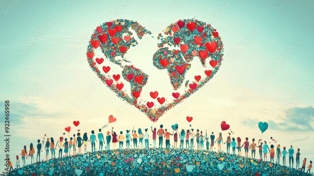Obraz premium A vibrant scene depicting a heart made of flowers above a diverse crowd, symbolizing love and unity across the globe. World Heart Day global community.
