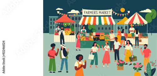 Farmers market, Bazaar, Vendors offer organic farmer production and vegetables, Local farm vegetables, Eco marketplace, Bazaar domestic produce, Flat vector illustration