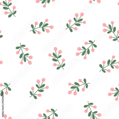 Christmas plant decorative branch with green leaves, berries seamless pattern for home decor, festive holiday ornament, vector illustration for textile, fabric, wrapping paper