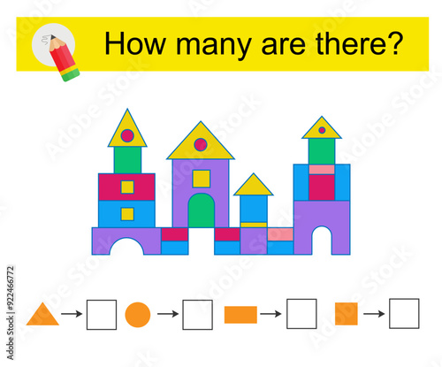 Math activity for kids. How many geometric shapes? Cartoon palace.
