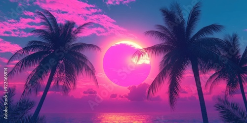 Vice City Synthwave Aesthetic - Retro 1990s Miami Tropics with Neon Palm Trees at Sunset