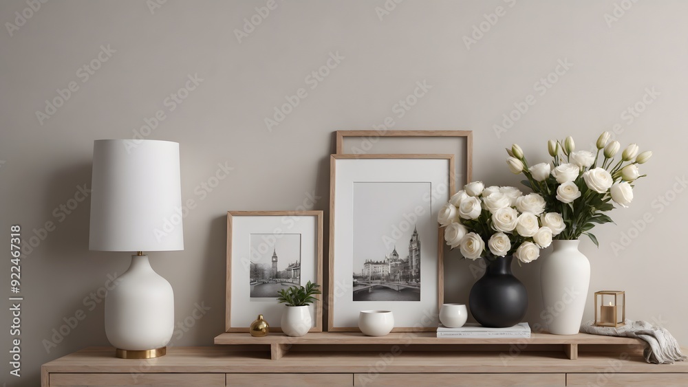 Obraz premium An empty modern living room with a stylish furniture set and picture frames on the wall 3d illustration template image.