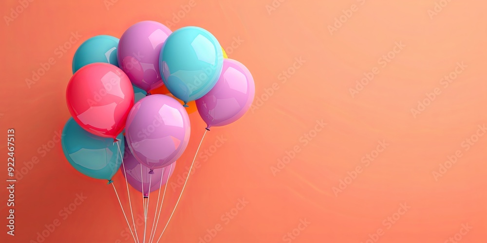 Bunch of colorful balloons tied together on a peach background. Bunch of colorful balloons tied together on a peach background.