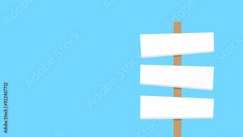 Information post with three blank signs. A wooden signpost on a blue background.