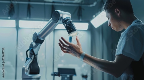 Robot Arm and Technician in a High-Tech Lab