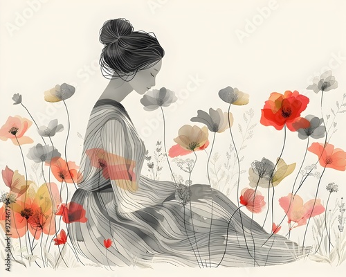 A mindful woman sitting peacefully among colorful flowers, reflecting on gratitude and love in a serene atmosphere, minimal illustration photo