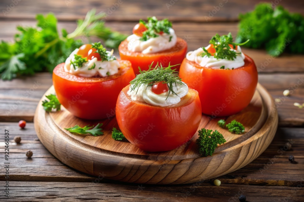 Fresh tomatoes hollowed and filled with a decadent mixture of smoked salmon, cream cheese, and dill, garnished with sprigs of parsley on a rustic wooden board. Fresh tomatoes hollowed and filled with a decadent mixture of smoked salmon, cream cheese, and dill, garnished with sprigs of parsley on a rustic wooden board.