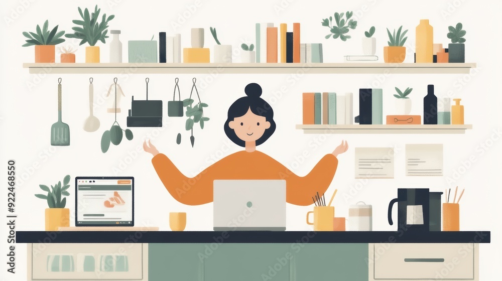 A cheerful individual sits at a desk, working on a laptop amidst a cozy, plant-filled workspace with books and various items on shelves A cheerful individual sits at a desk, working on a laptop amidst a cozy, plant-filled workspace with books and various items on shelves