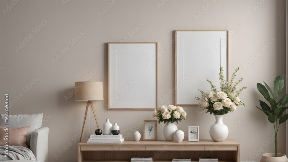 An empty modern living room with a stylish furniture set and picture frames on the wall 3d illustration template image. An empty modern living room with a stylish furniture set and picture frames on the wall 3d illustration template image.