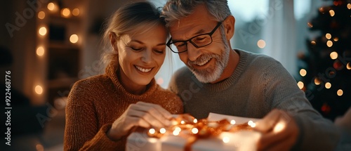 Cozy Christmas Moments Elderly Couple Wrapping Gifts Together in a Festive Home Setting