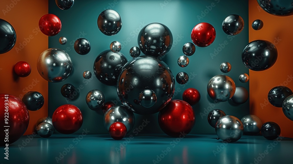   Metallic balls float in air near orange-blue wall
