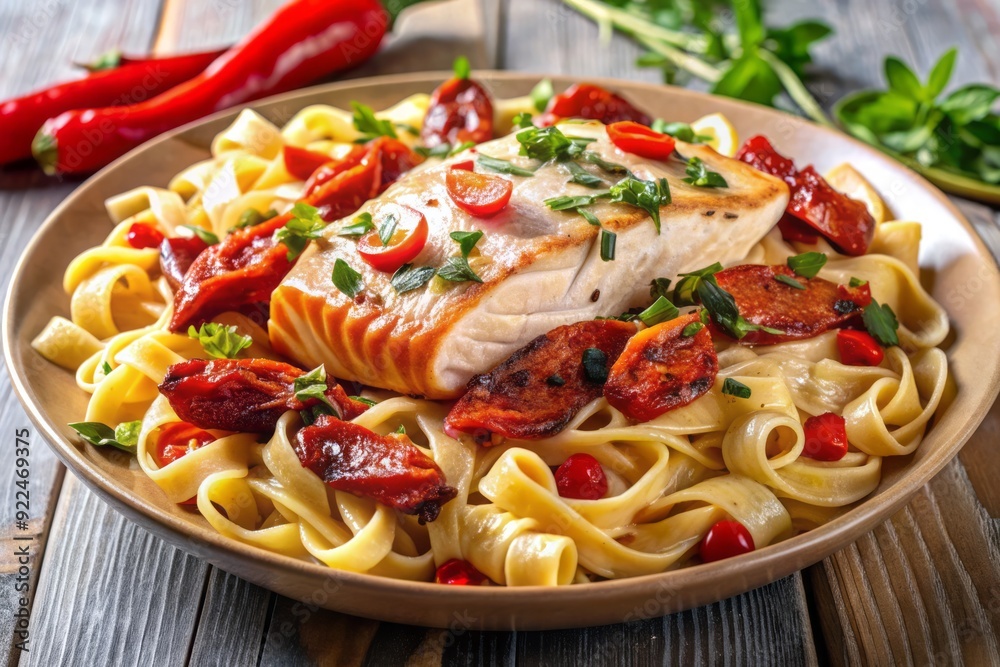Freshly prepared pasta dish featuring grilled salmon, roasted red peppers, and sun-dried tomatoes, all mixed together with a light and creamy sauce. Freshly prepared pasta dish featuring grilled salmon, roasted red peppers, and sun-dried tomatoes, all mixed together with a light and creamy sauce.