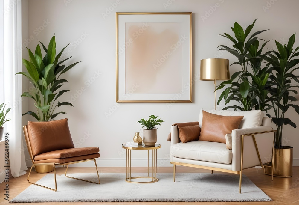 A minimalist living room with a large blank frame on the wall, a wooden bench, and a potted plant. A minimalist living room with a large blank frame on the wall, a wooden bench, and a potted plant.
